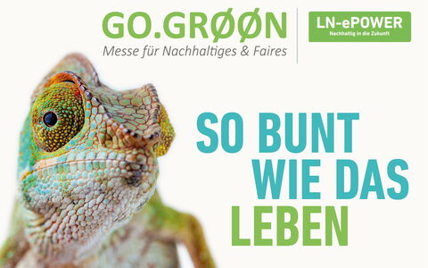 Großer Eidechsenkopf, daneben der Text "So bunt wie das Leben", darüber das Logo der Messe GOGROON