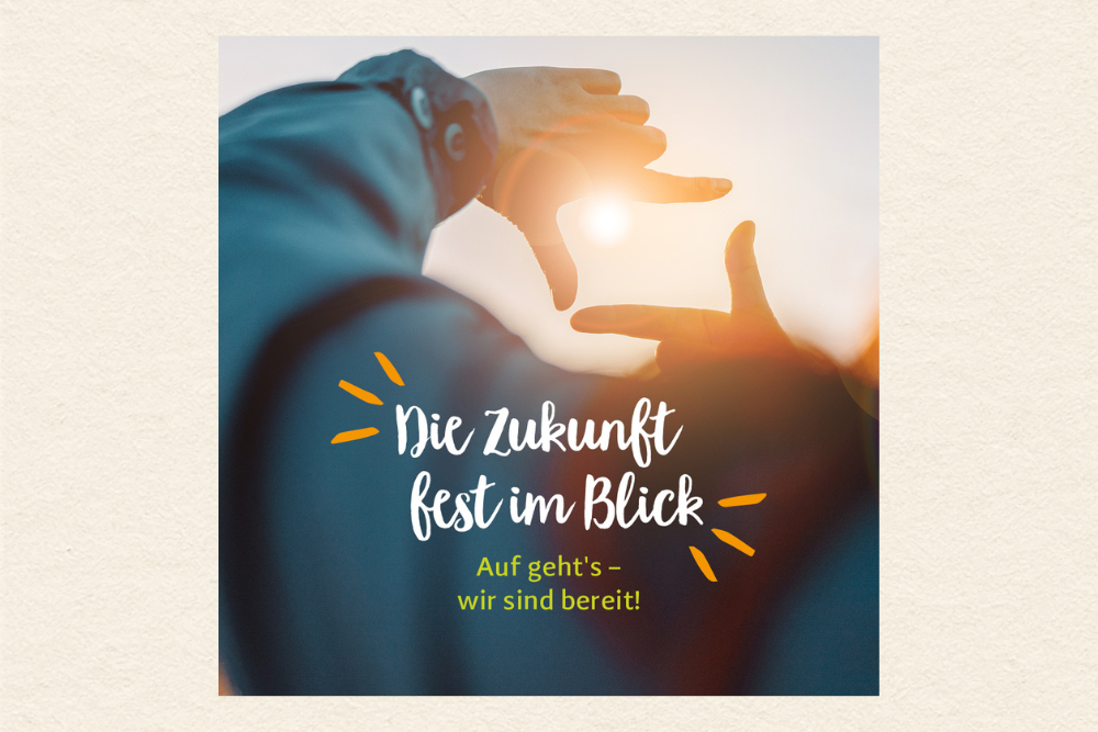 Zeigenfinder und Daumen formen einen Bilderrahmen, in dem die leuchtende Sonne zu sehen ist